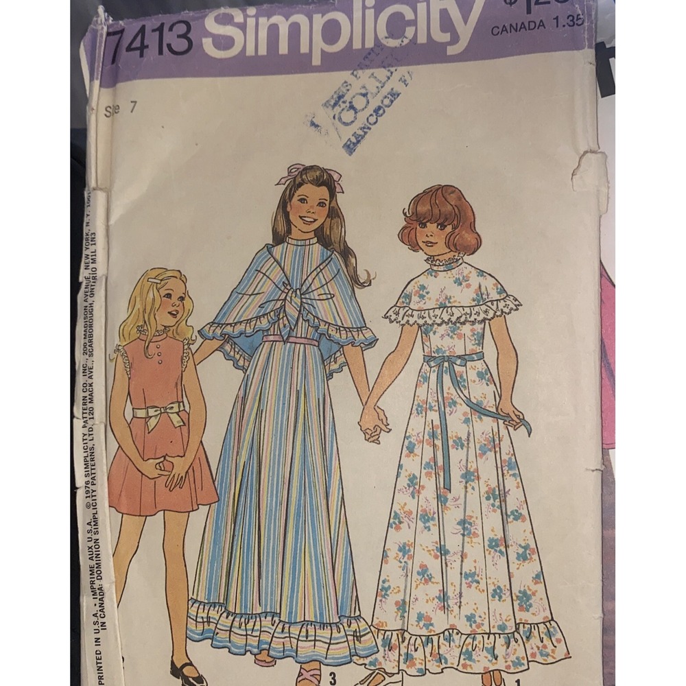 Simplicity 7413 Cut Sewing Pattern 70s Girls Cottagecore Prairie Dress Sz 7